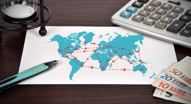 drawing scheme of international air travel on a paper