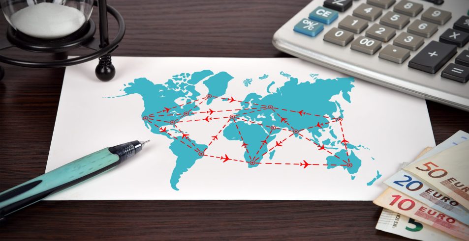 drawing scheme of international air travel on a paper